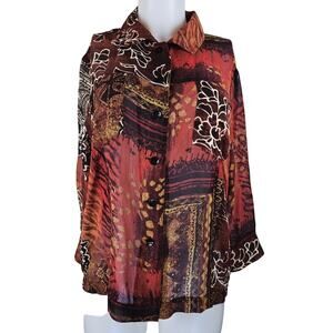 Chico's Brown White 100% SilkWomen's Semi Sheer Blouse 2-M-12
